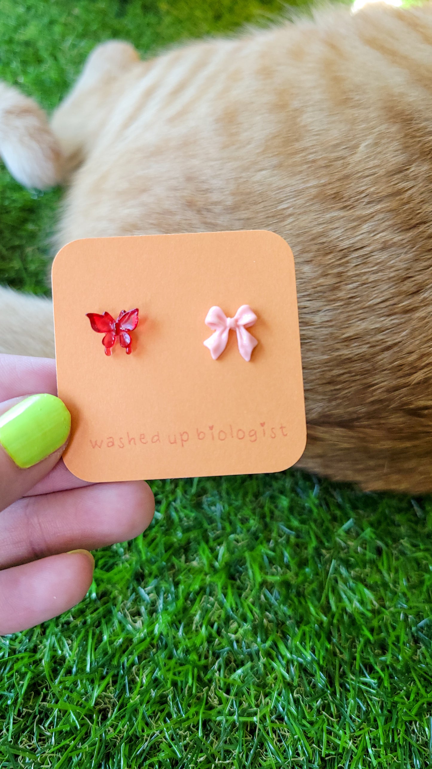 mismatched red butterfly and pink bow hypoallergenic stud earrings
