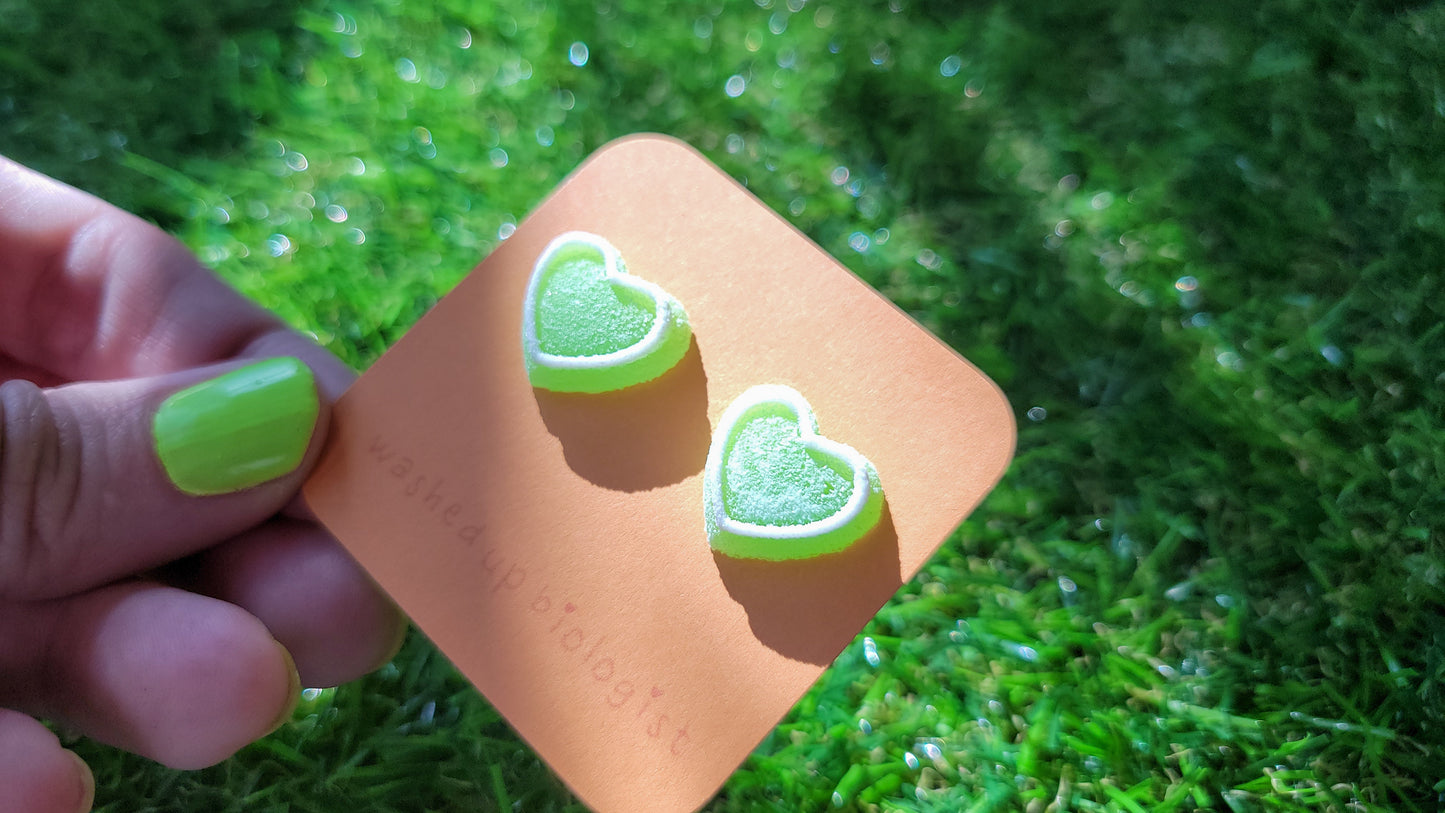 green candy hearts hypoallergenic stud earrings