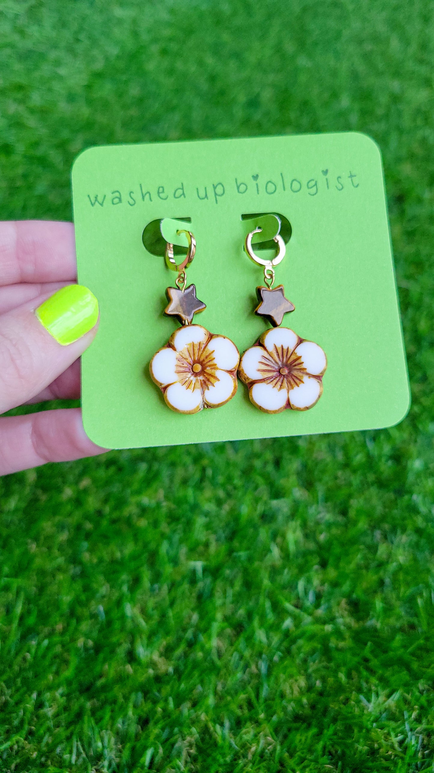 tiger's eye and white Czech glass flower earrings