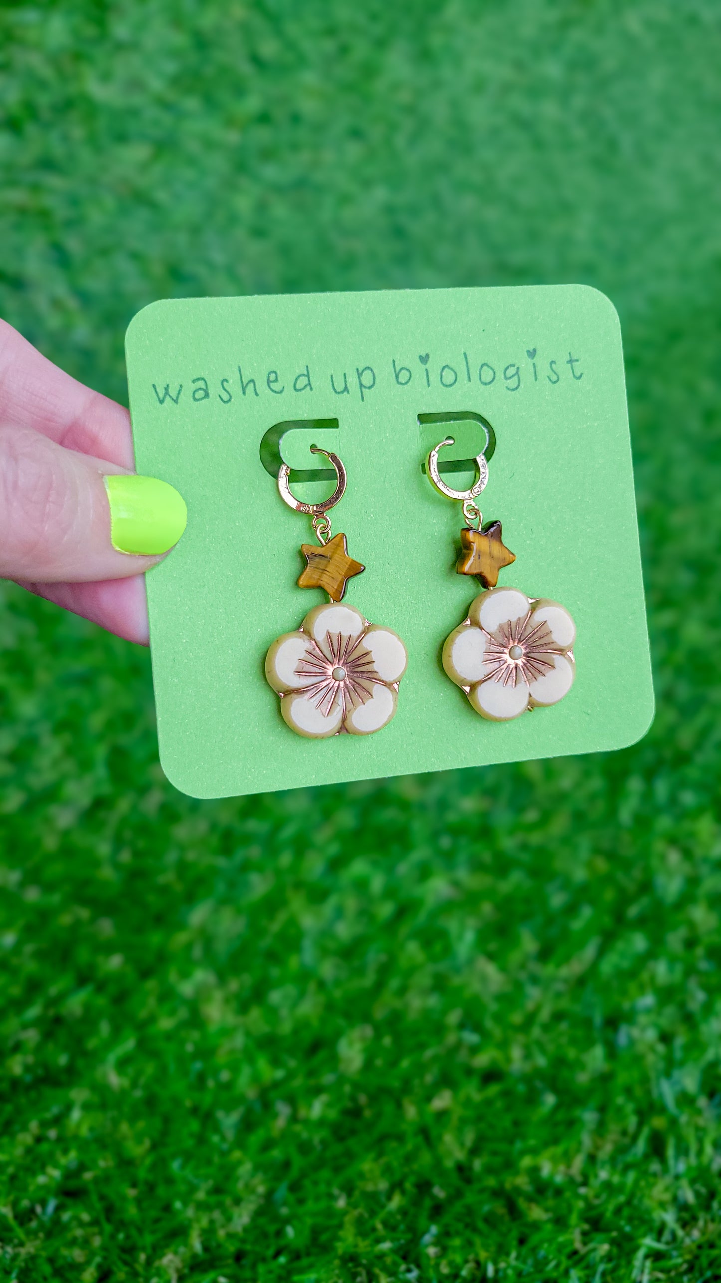 tiger's eye and beige Czech glass flower earrings