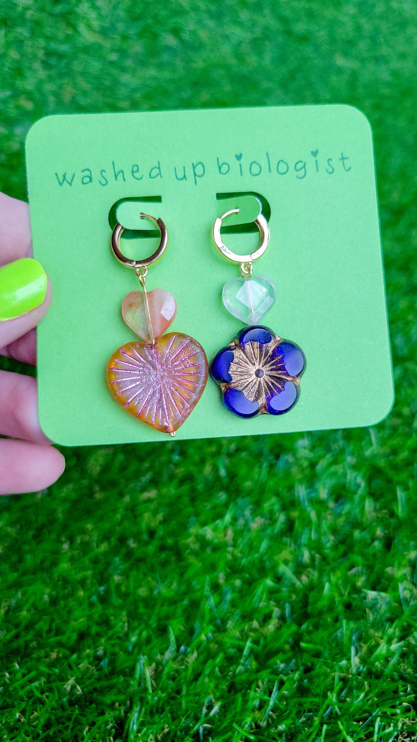 quartz and Czech glass mismatched flower and heart earrings