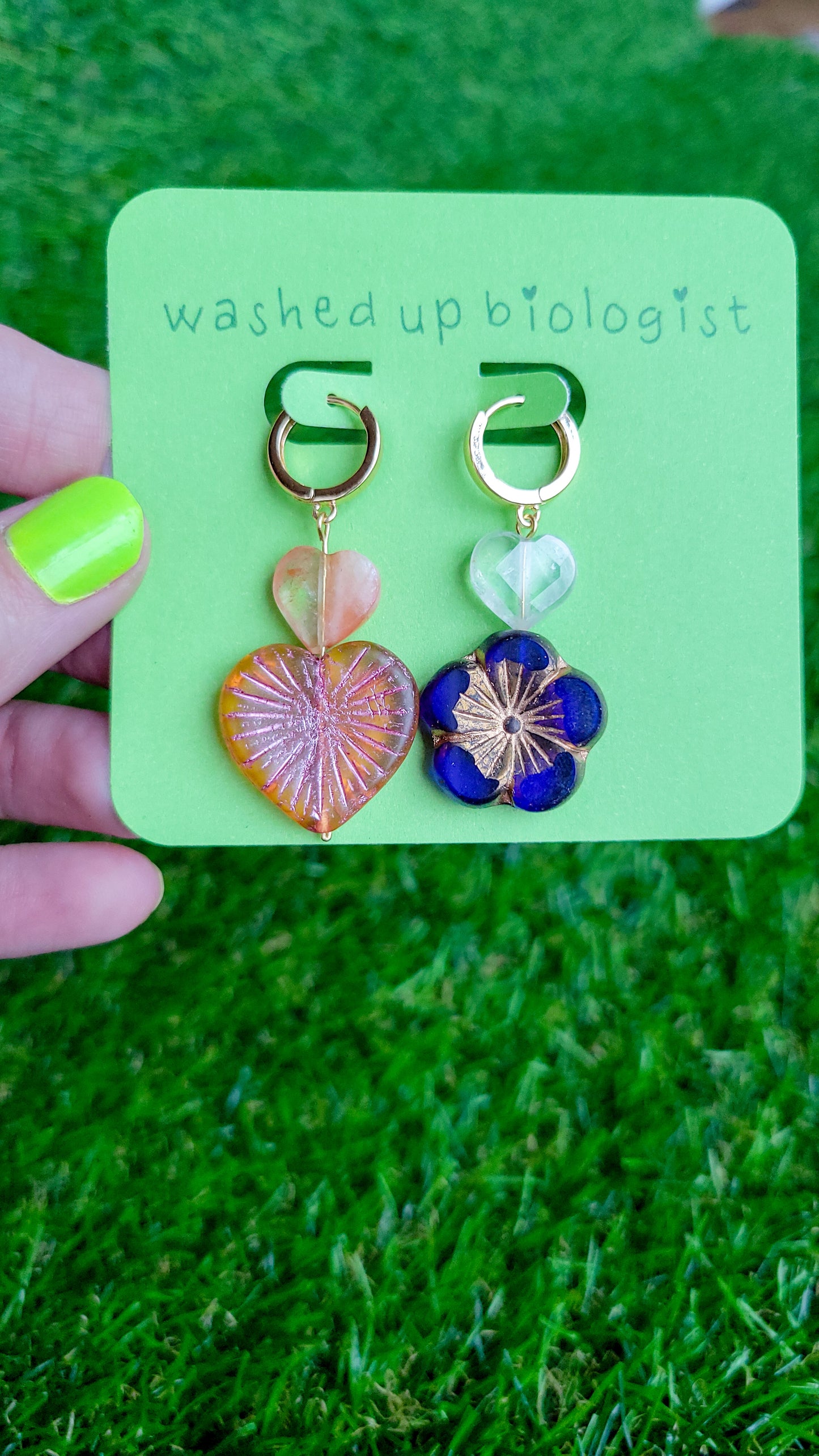 quartz and Czech glass mismatched flower and heart earrings