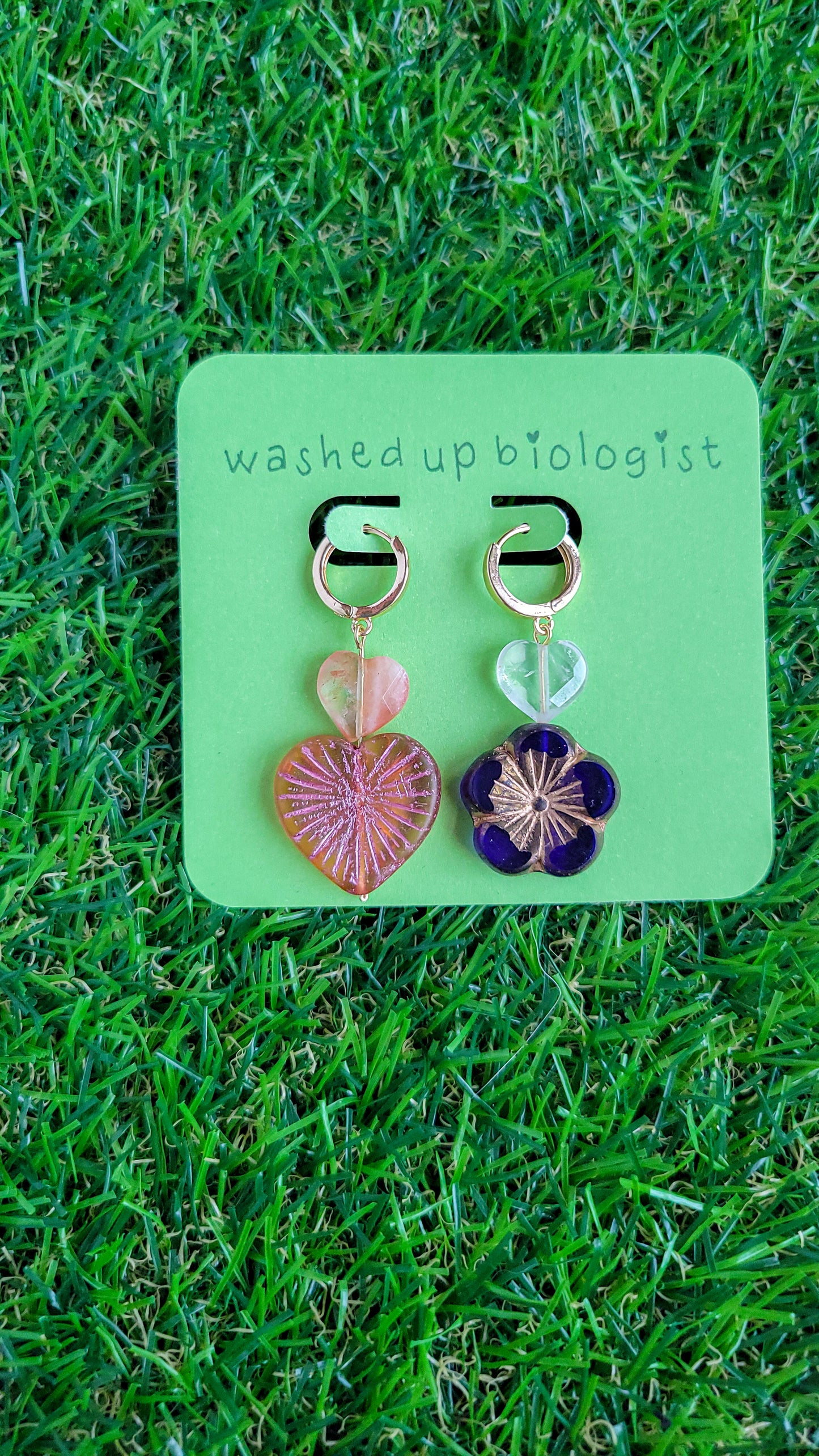 quartz and Czech glass mismatched flower and heart earrings
