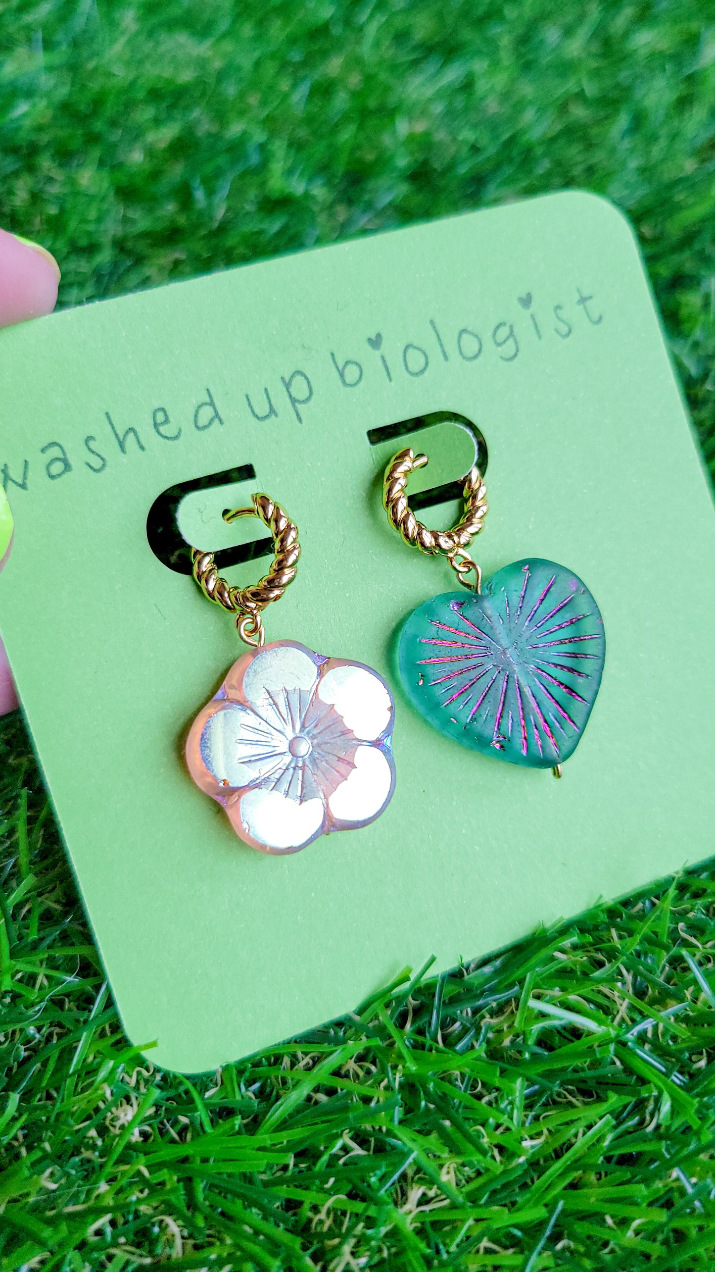 mismatched Czech glass flower and heart