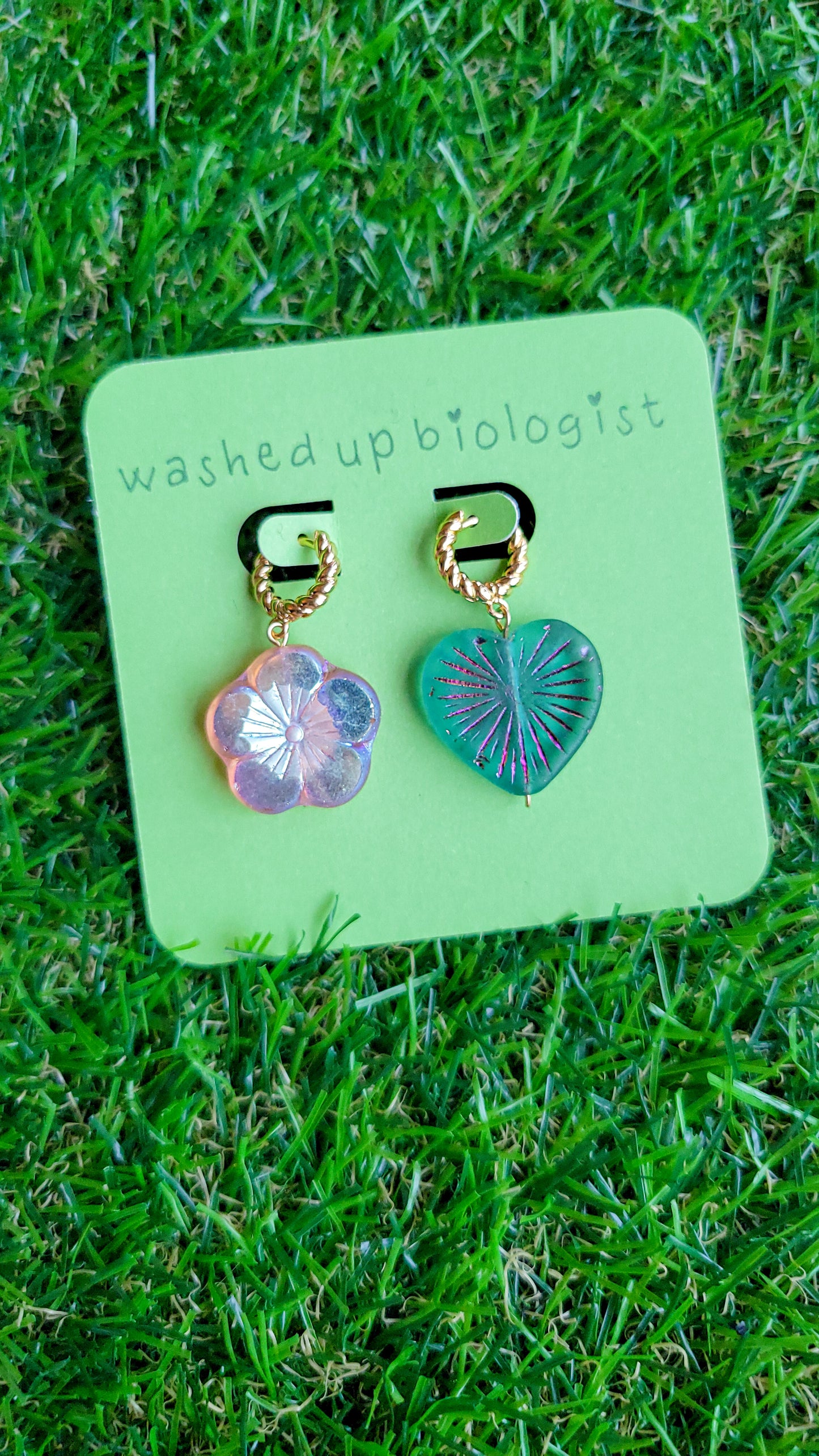 mismatched Czech glass flower and heart