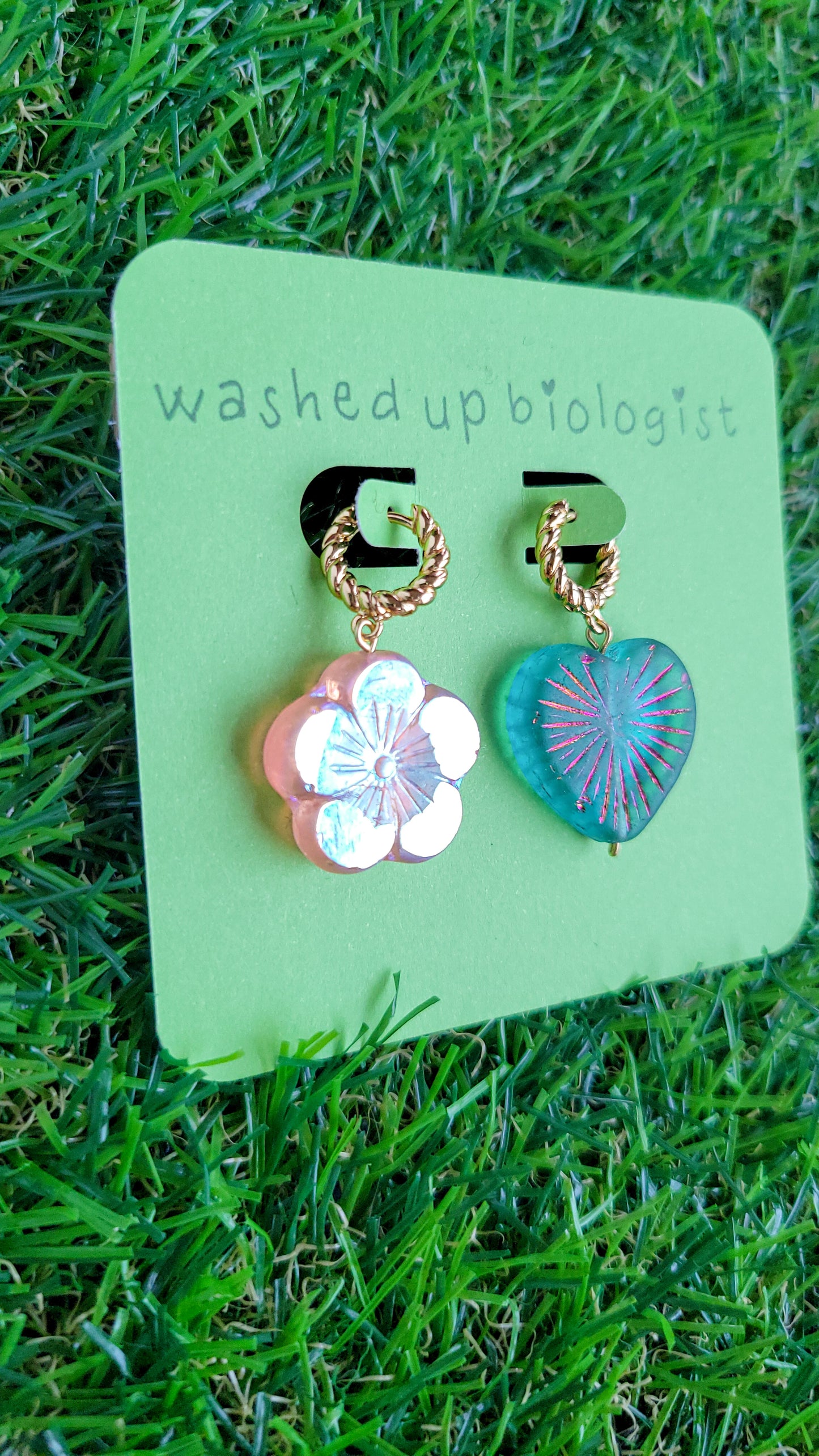 mismatched Czech glass flower and heart