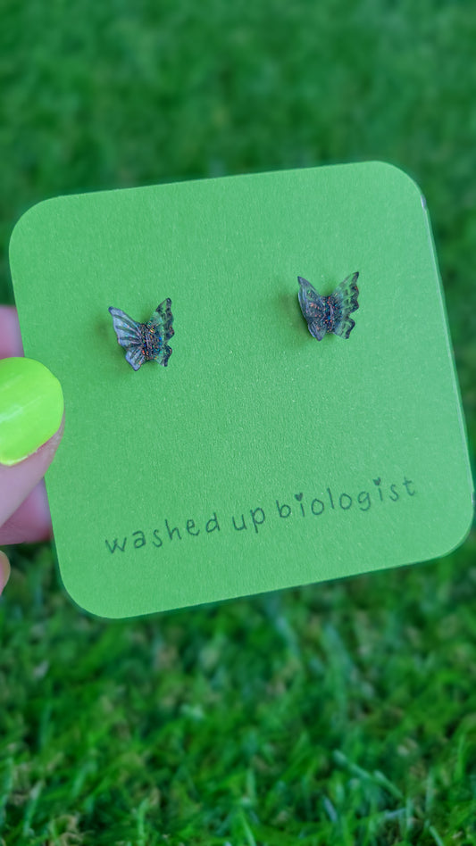 translucent iridescent glittery blue butterfly hypoallergenic stud earrings