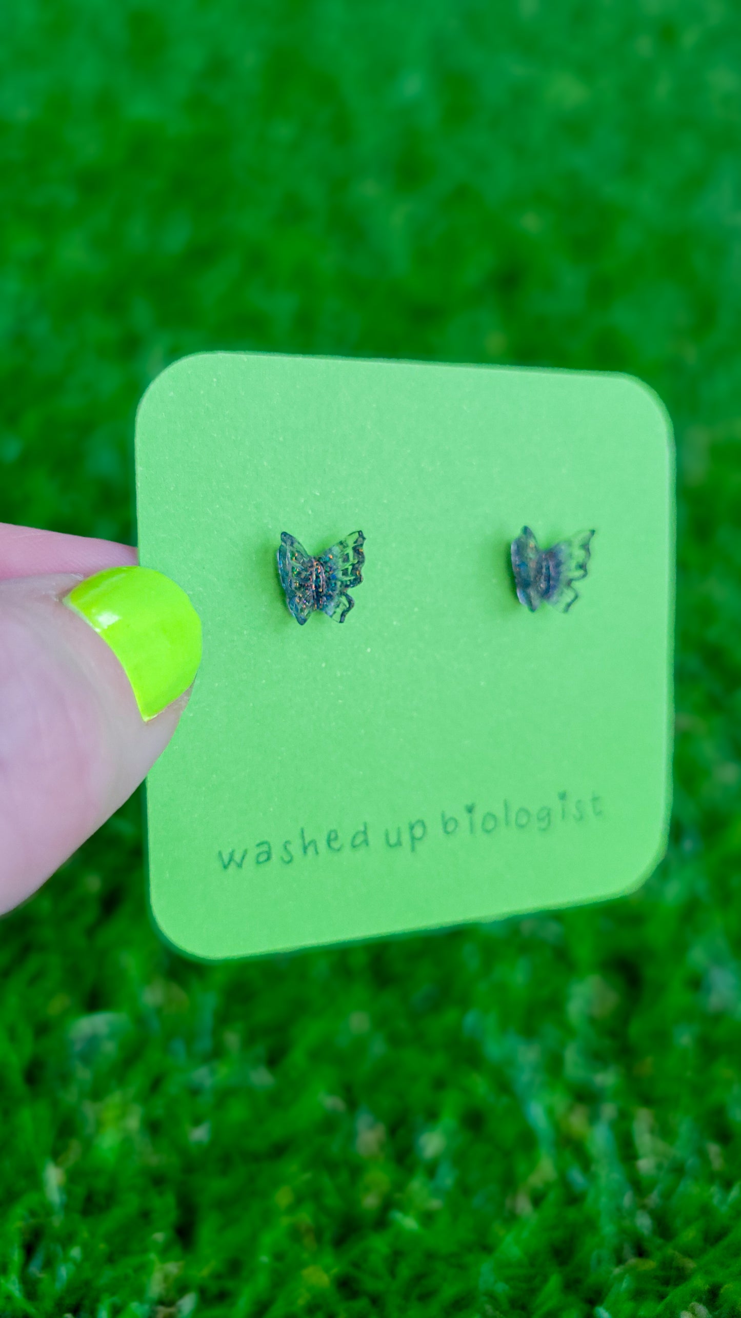 translucent iridescent glittery blue butterfly hypoallergenic stud earrings