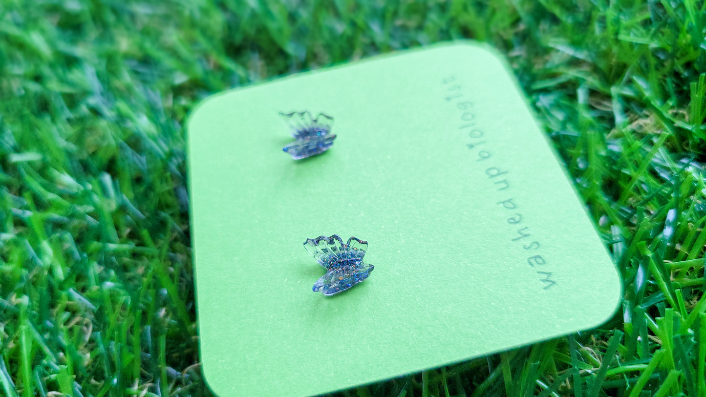 translucent iridescent glittery blue butterfly hypoallergenic stud earrings
