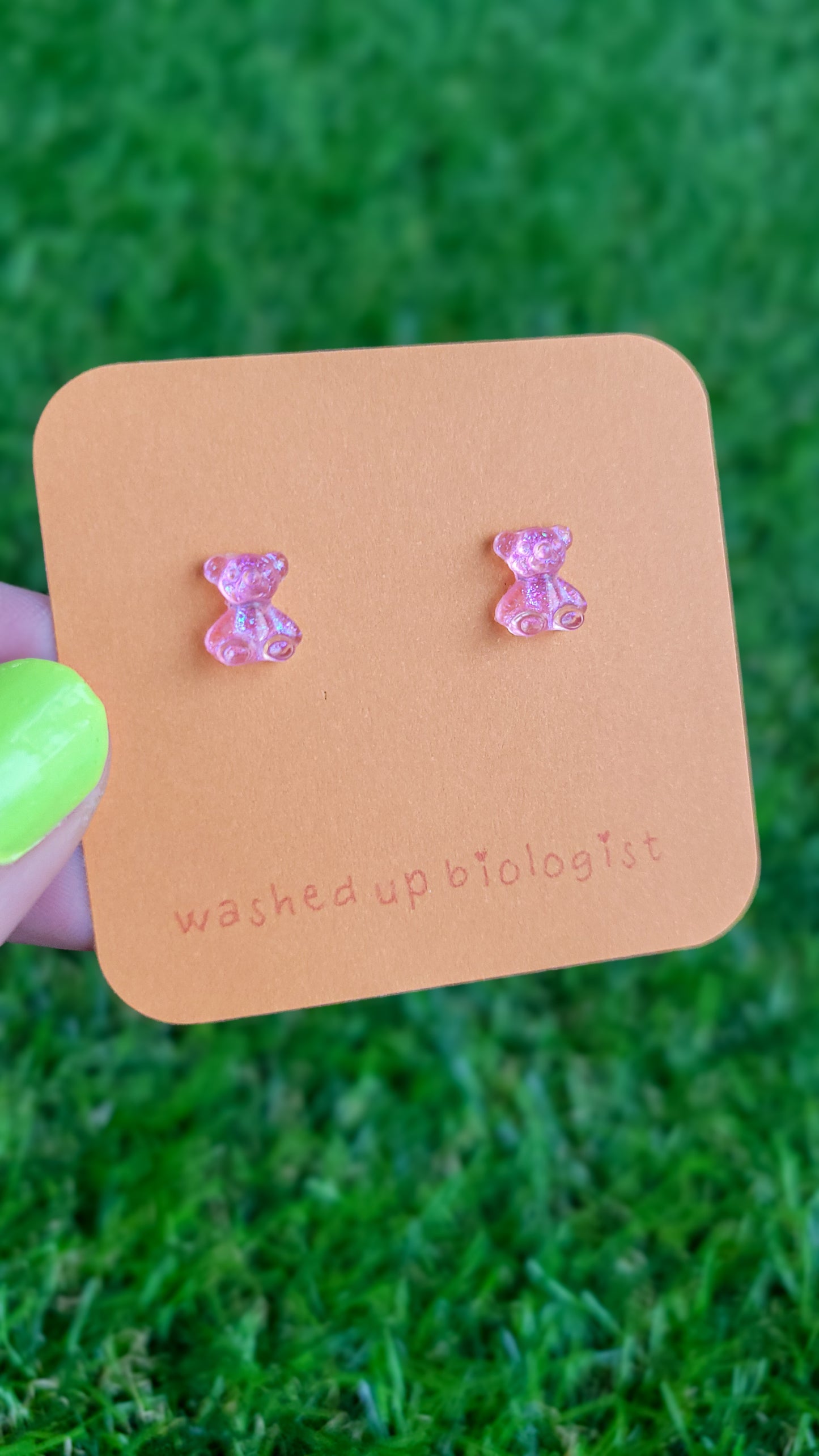 translucent iridescent pink bears hypoallergenic stud earrings