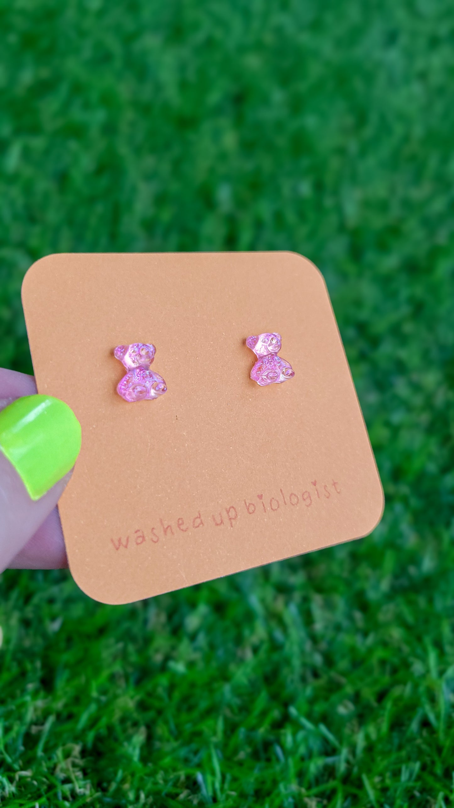 translucent iridescent pink bears hypoallergenic stud earrings