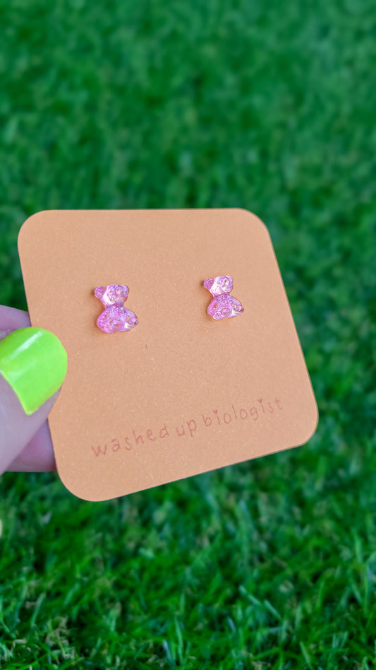 translucent iridescent pink bears hypoallergenic stud earrings