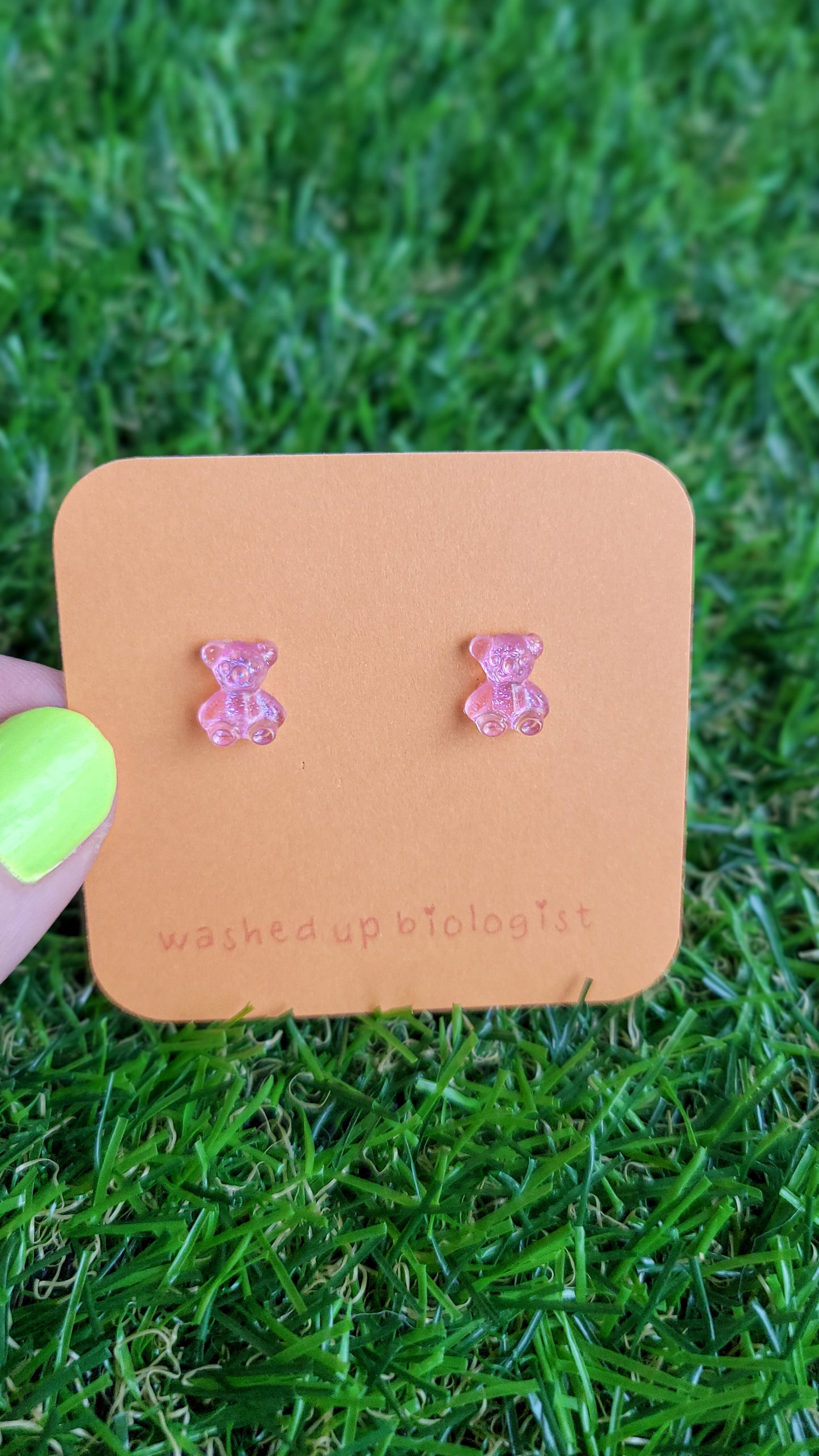 translucent iridescent pink bears hypoallergenic stud earrings