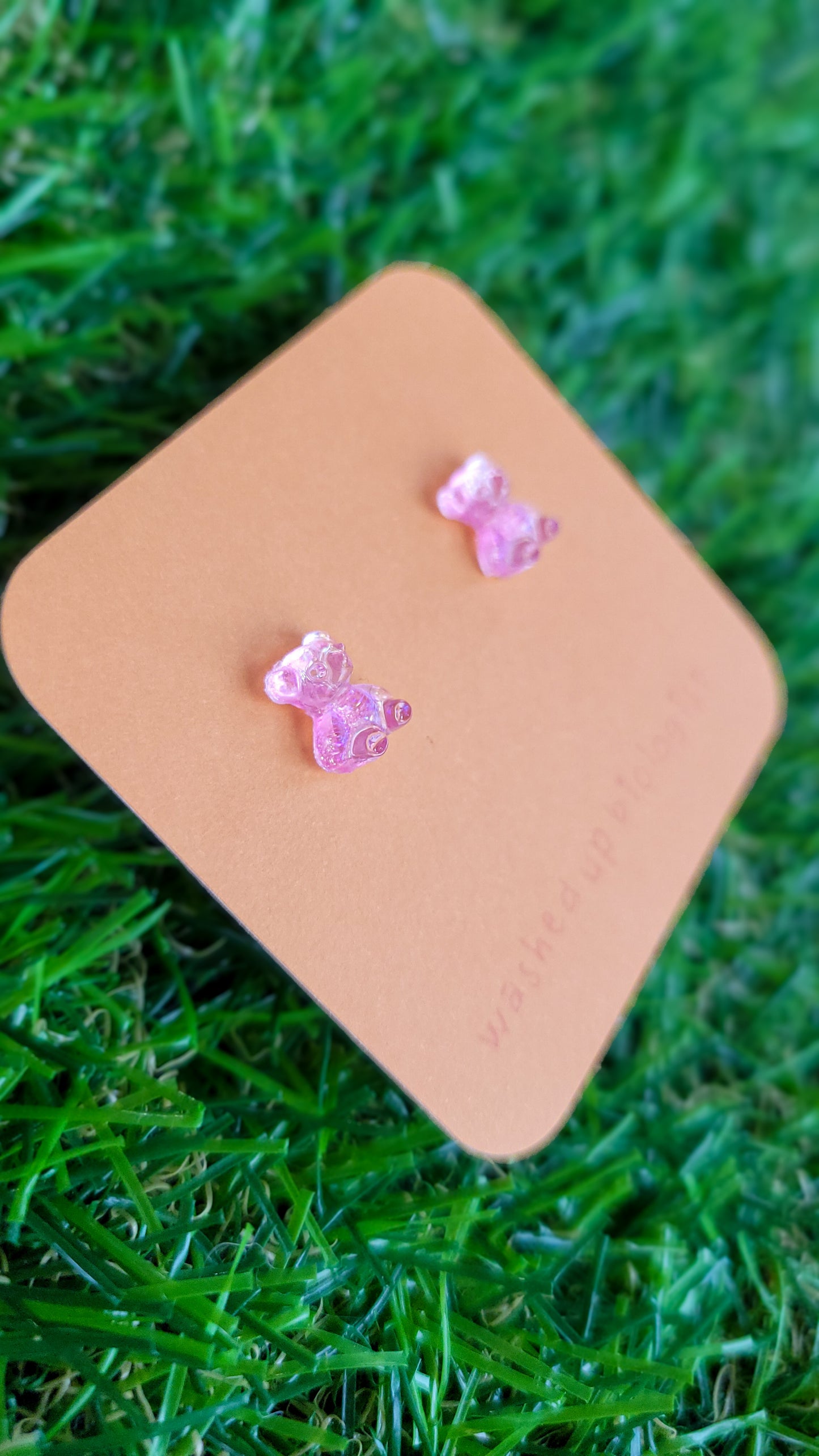 translucent iridescent pink bears hypoallergenic stud earrings