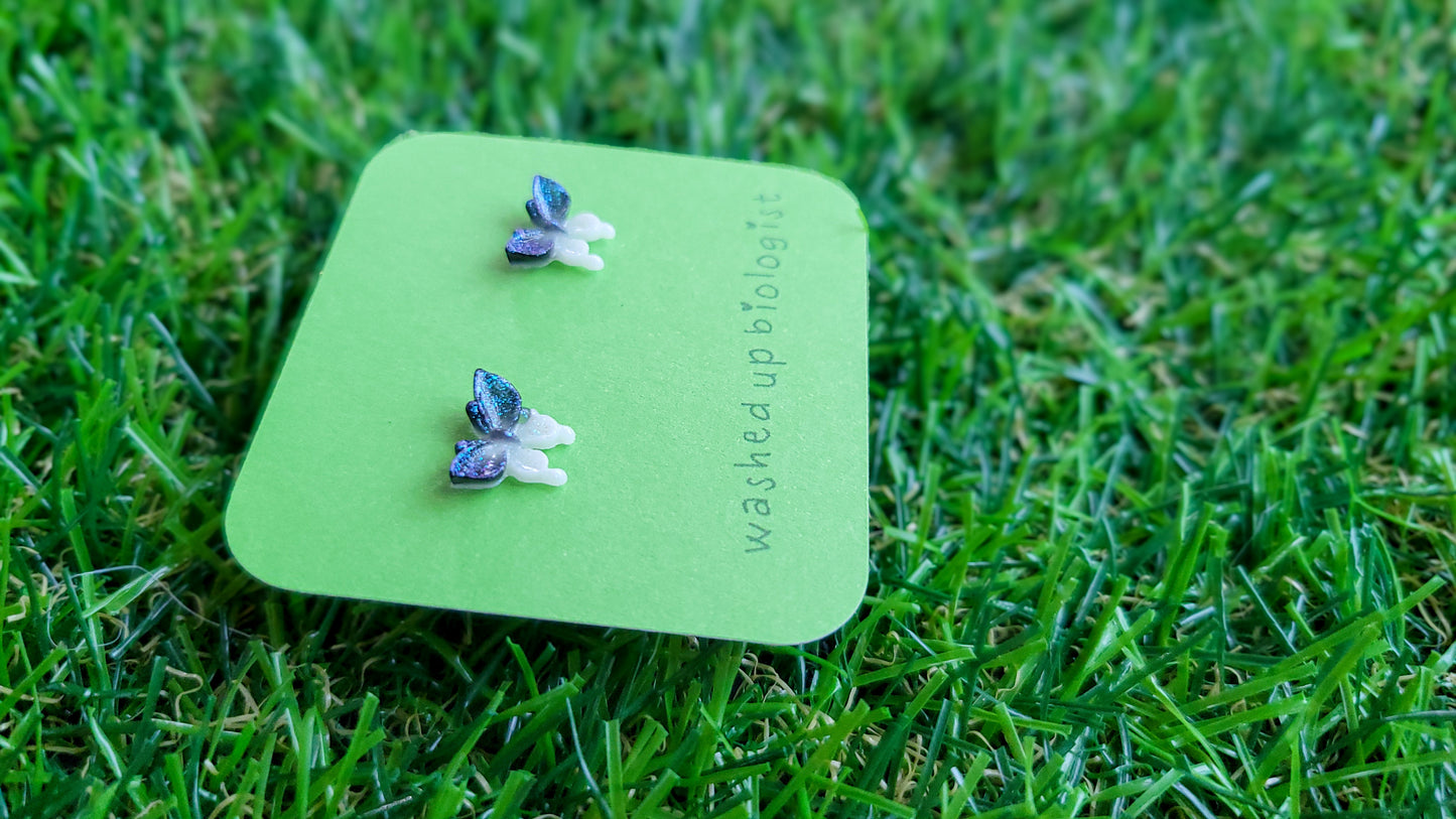 glittery blue and white butterfly hypoallergenic stud earrings