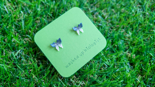 glittery blue and white butterfly hypoallergenic stud earrings