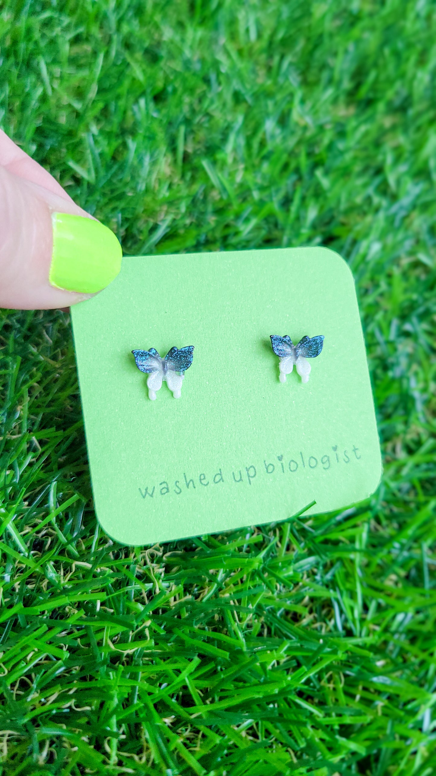 glittery blue and white butterfly hypoallergenic stud earrings