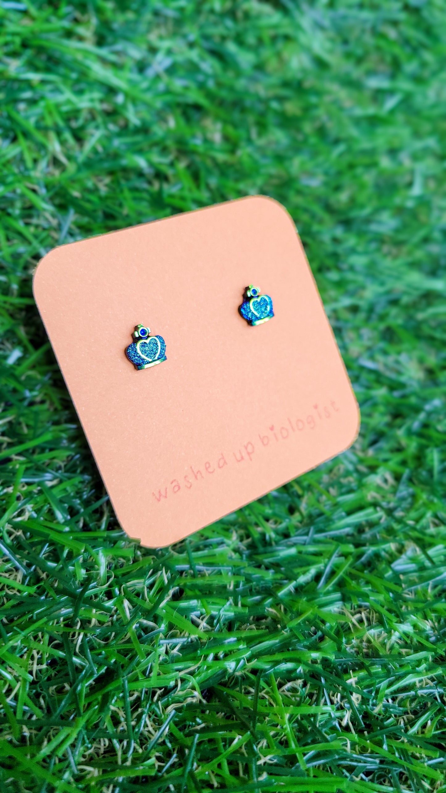glittery blue green and black crowns hypoallergenic stud earrings