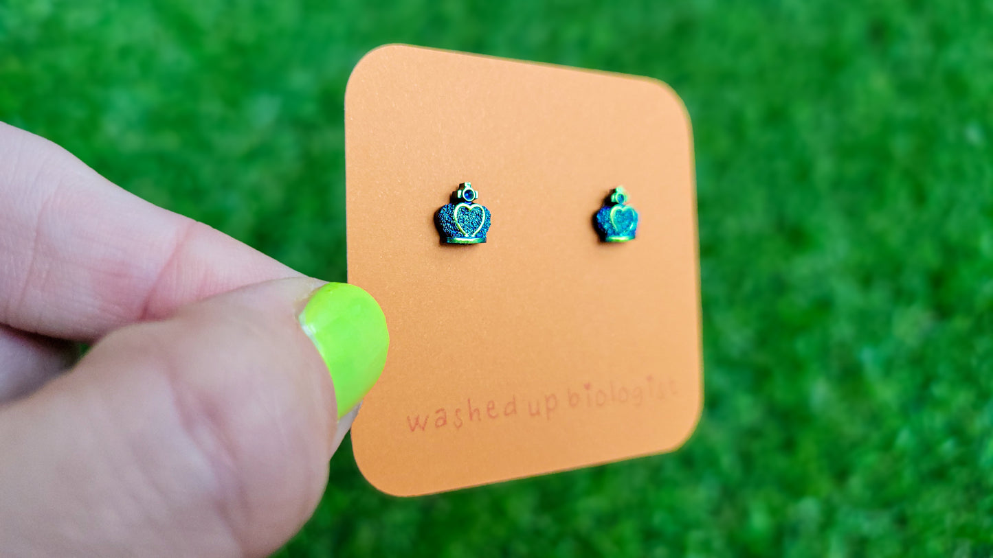 glittery blue green and black crowns hypoallergenic stud earrings