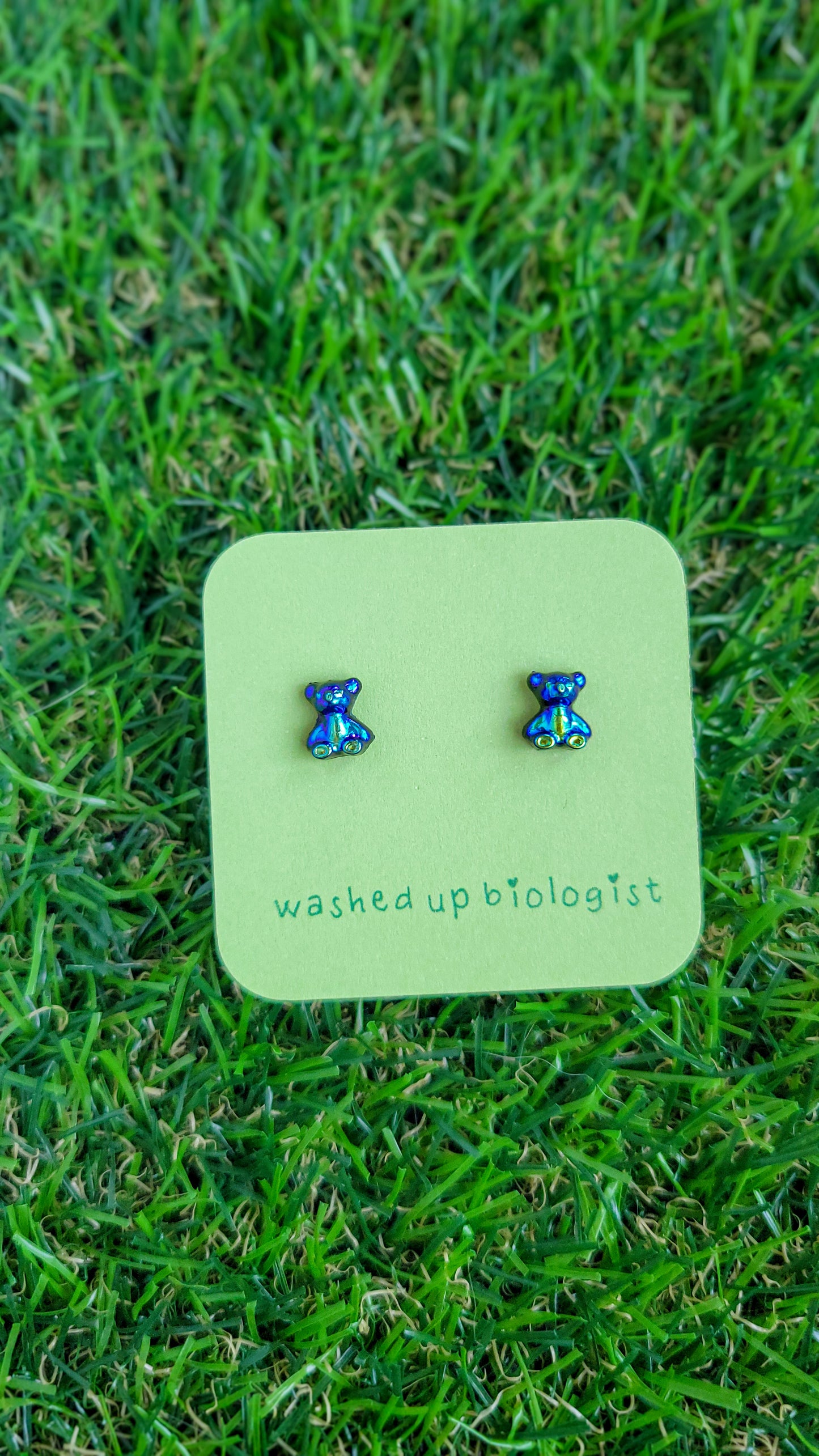 iridescent green blue and black bears hypoallergenic stud earrings