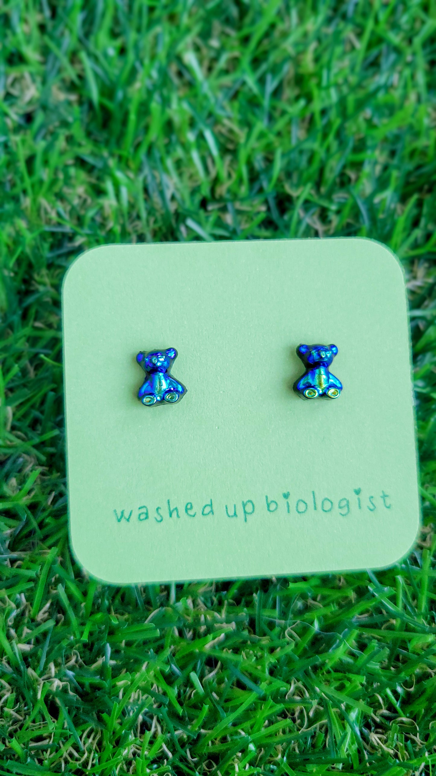 iridescent green blue and black bears hypoallergenic stud earrings