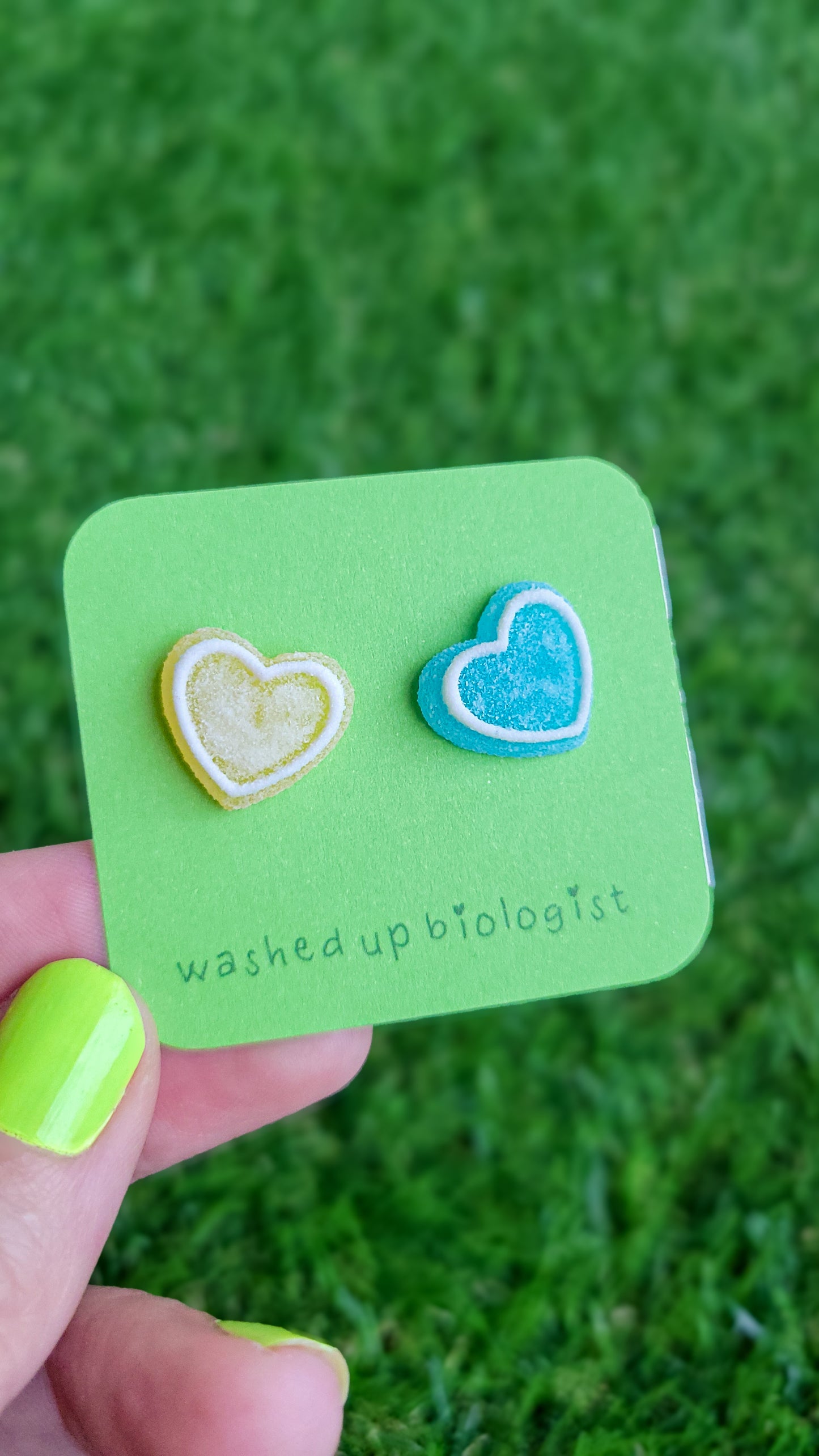 mismatched yellow and blue candy hearts hypoallergenic stud earrings