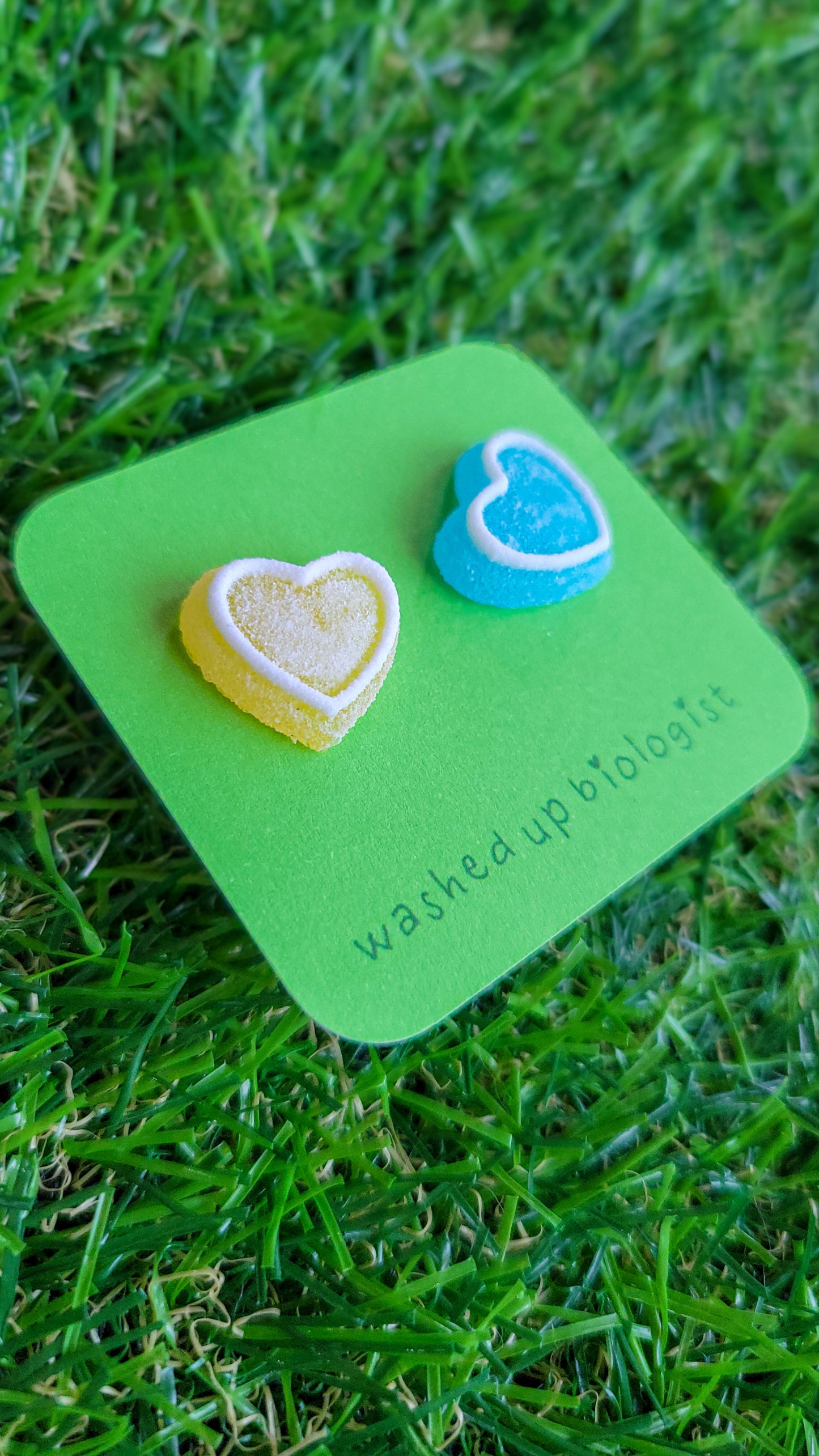 mismatched yellow and blue candy hearts hypoallergenic stud earrings