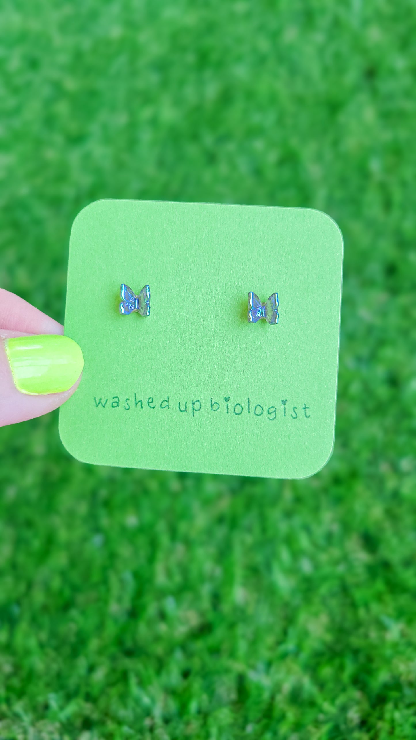 small translucent iridescent butterfly hypoallergenic stud earrings