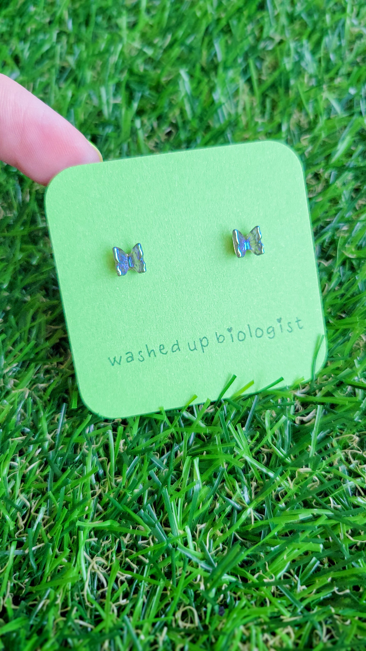 small translucent iridescent butterfly hypoallergenic stud earrings