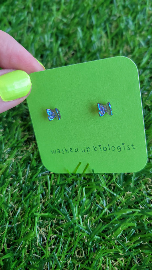 small translucent iridescent butterfly hypoallergenic stud earrings