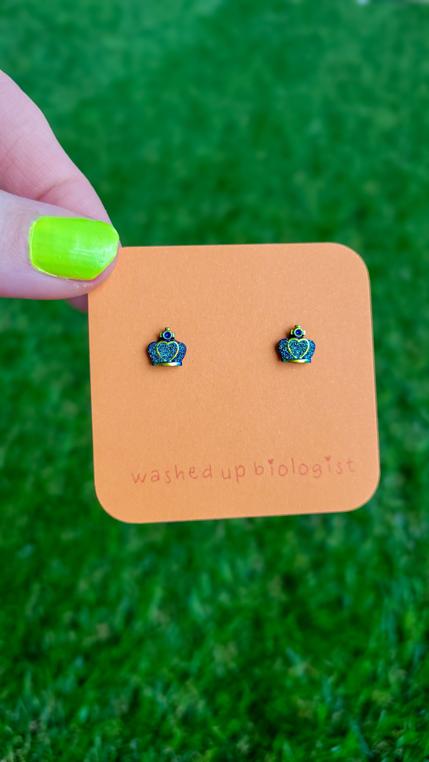 glittery blue green and black crowns hypoallergenic stud earrings