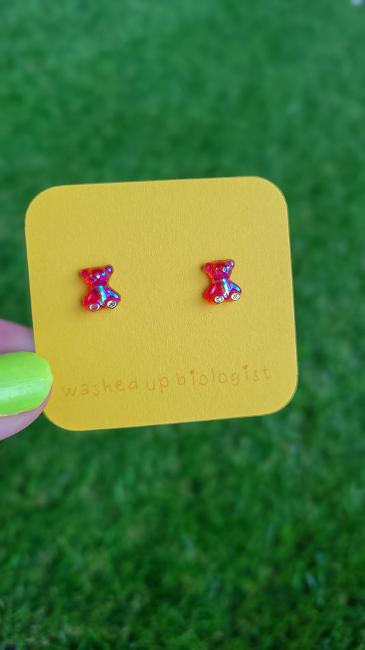 translucent iridescent red bear hypoallergenic stud earrings