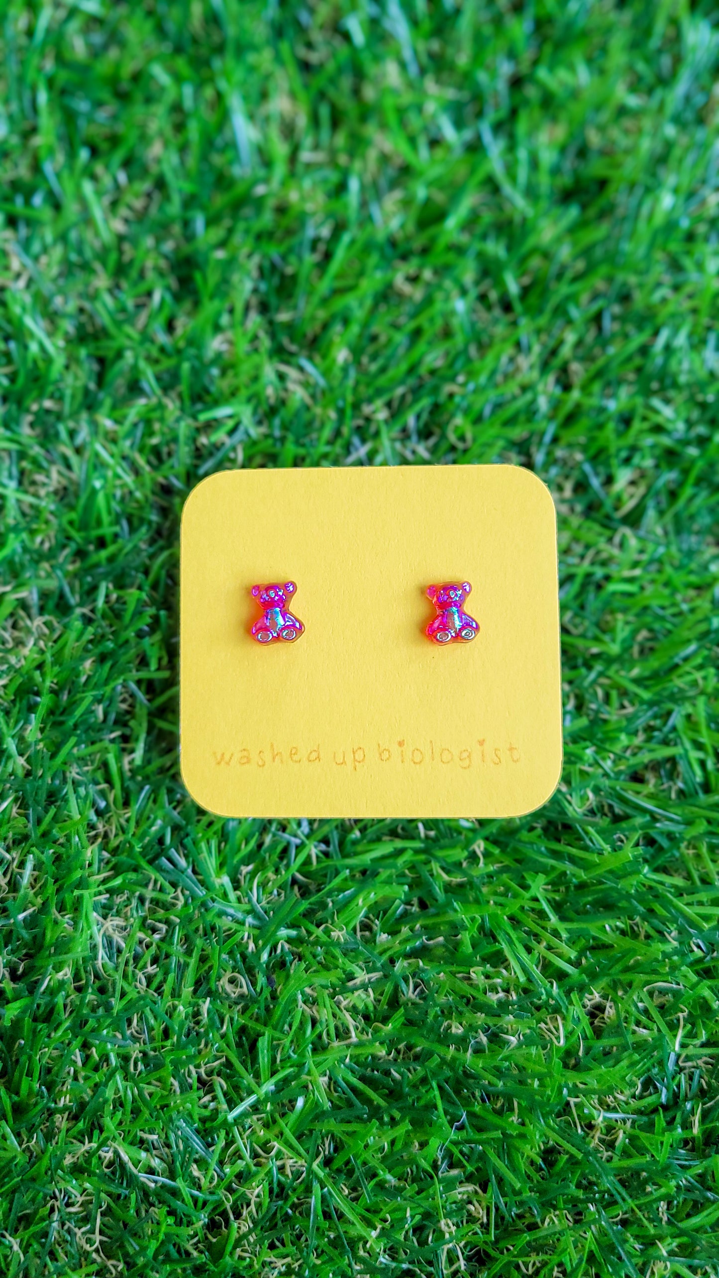 translucent iridescent red bear hypoallergenic stud earrings