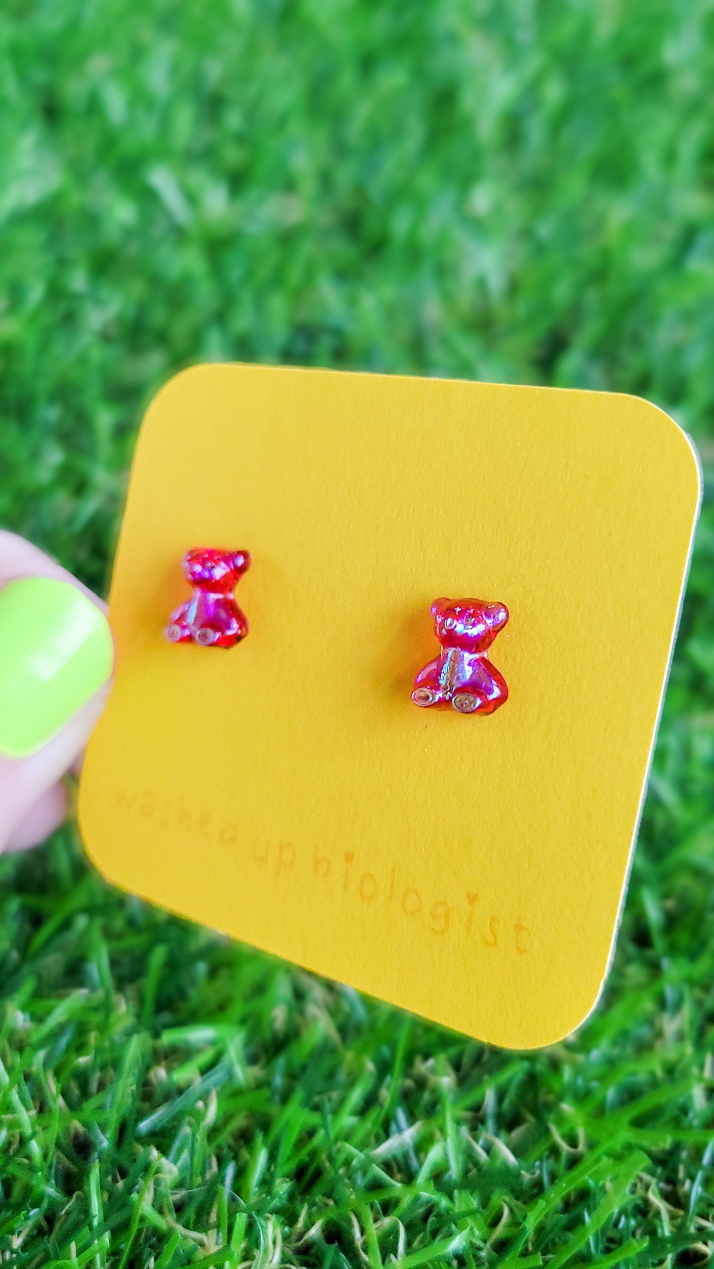 translucent iridescent red bear hypoallergenic stud earrings