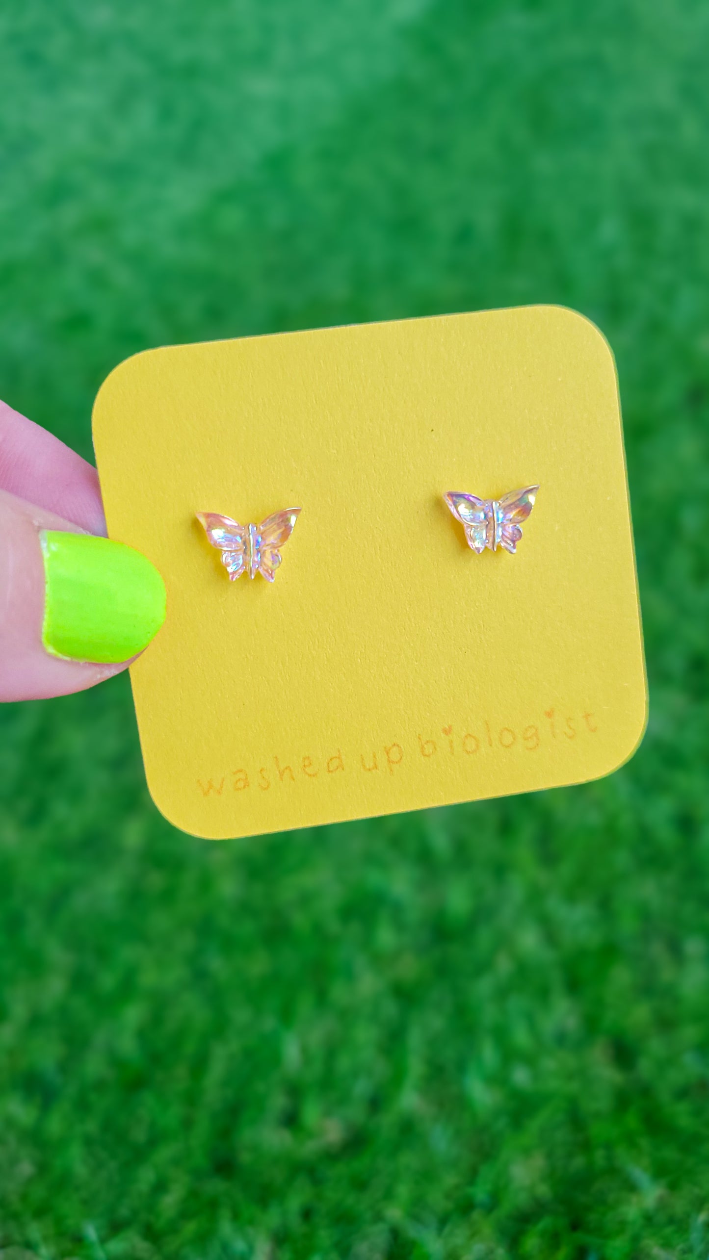 translucent iridescent pink butterfly hypoallergenic stud earrings