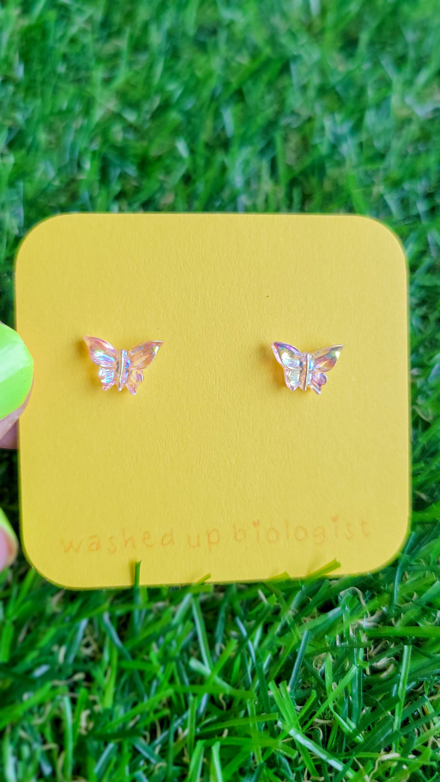 translucent iridescent pink butterfly hypoallergenic stud earrings