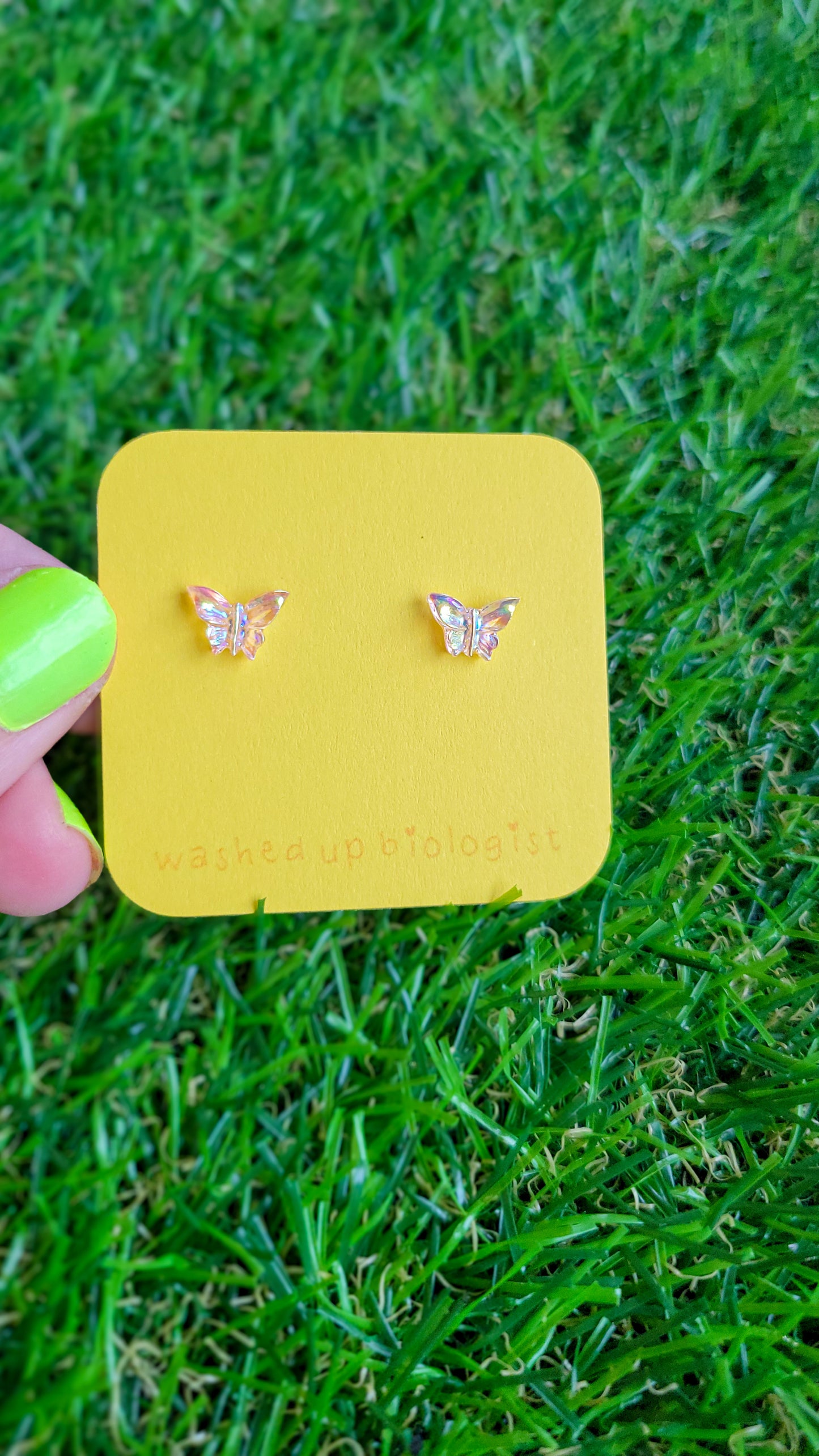translucent iridescent pink butterfly hypoallergenic stud earrings