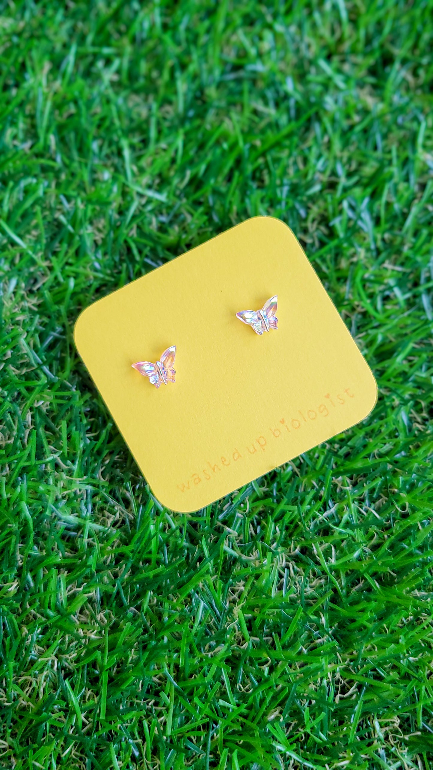 translucent iridescent pink butterfly hypoallergenic stud earrings