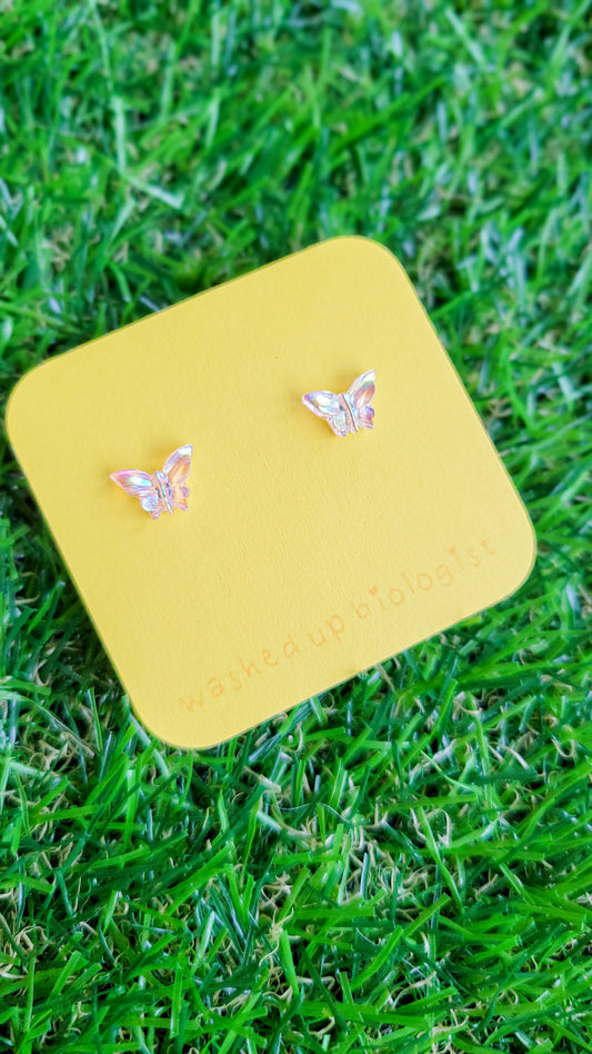 translucent iridescent pink butterfly hypoallergenic stud earrings
