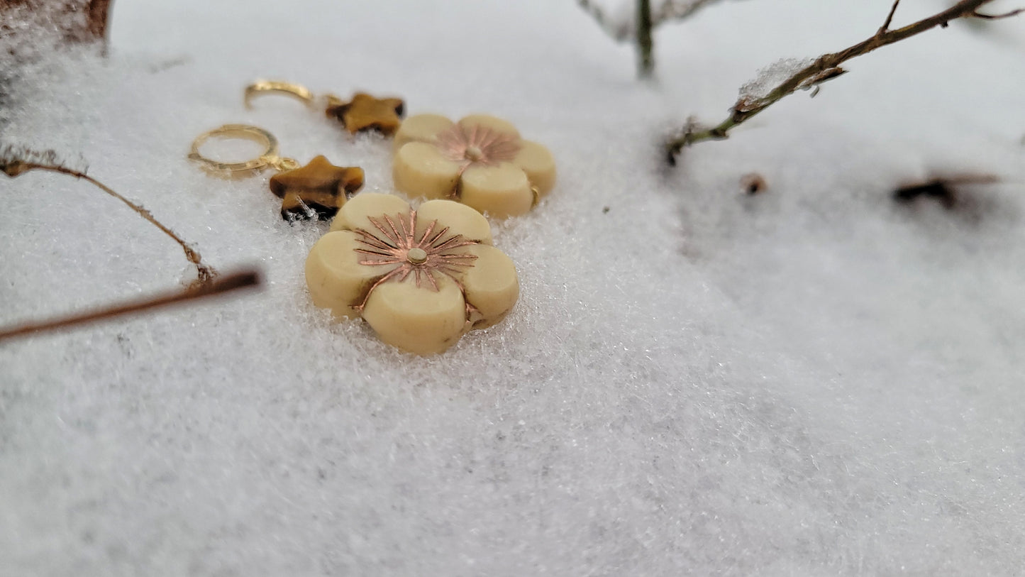 tiger's eye and beige Czech glass flower earrings