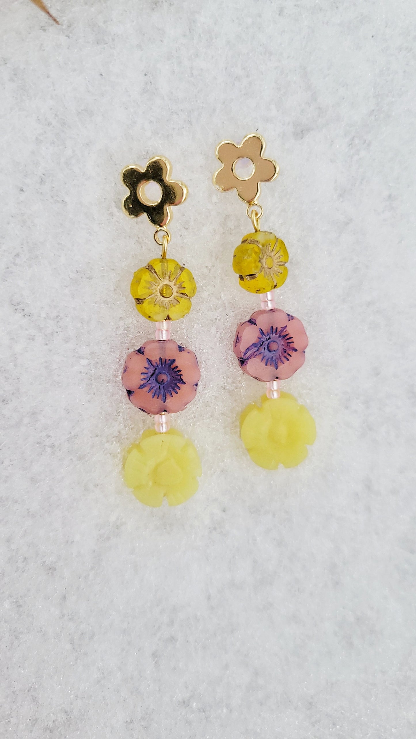 flower child Czech glass and jade earrings
