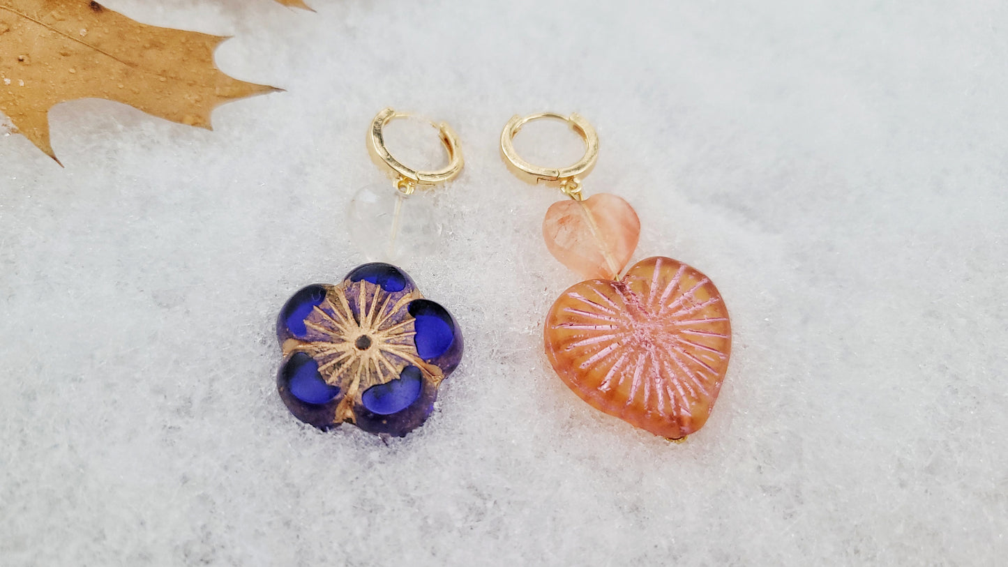 quartz and Czech glass mismatched flower and heart earrings