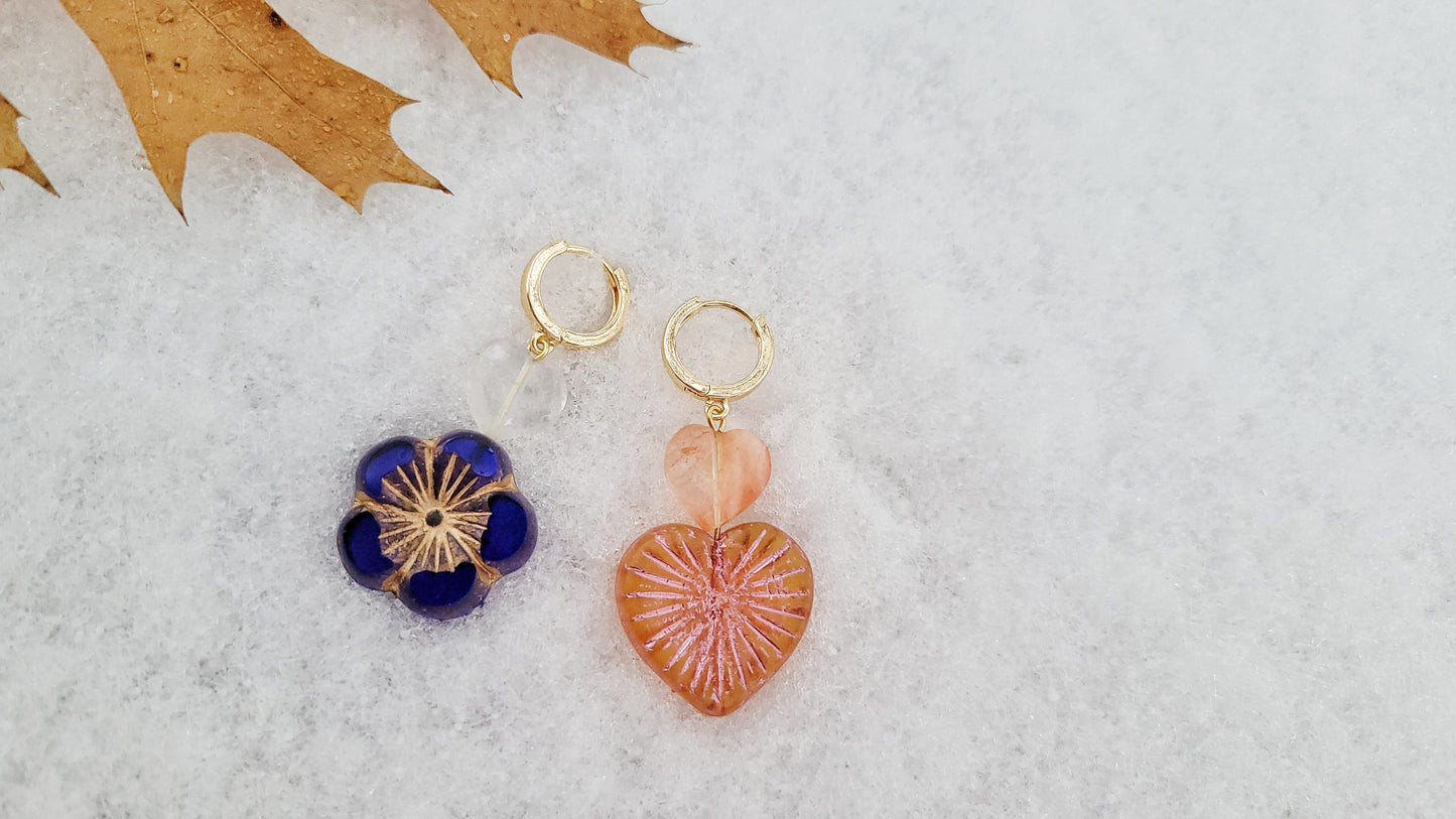 quartz and Czech glass mismatched flower and heart earrings