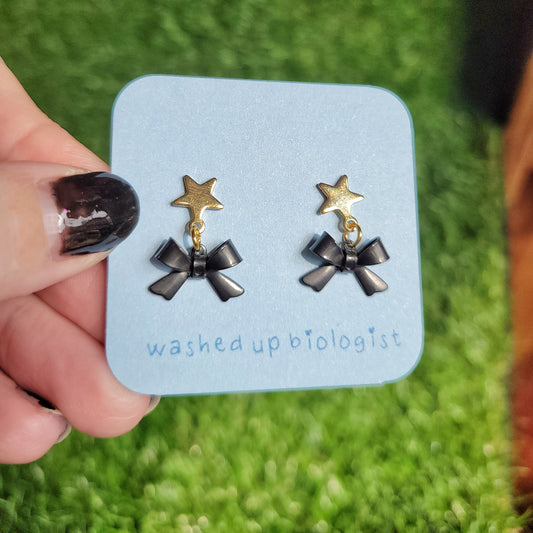 black bow dangly star stud earrings