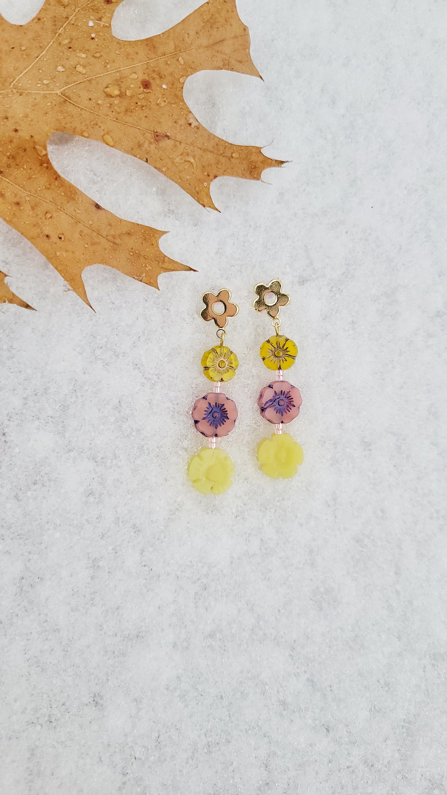 flower child Czech glass and jade earrings