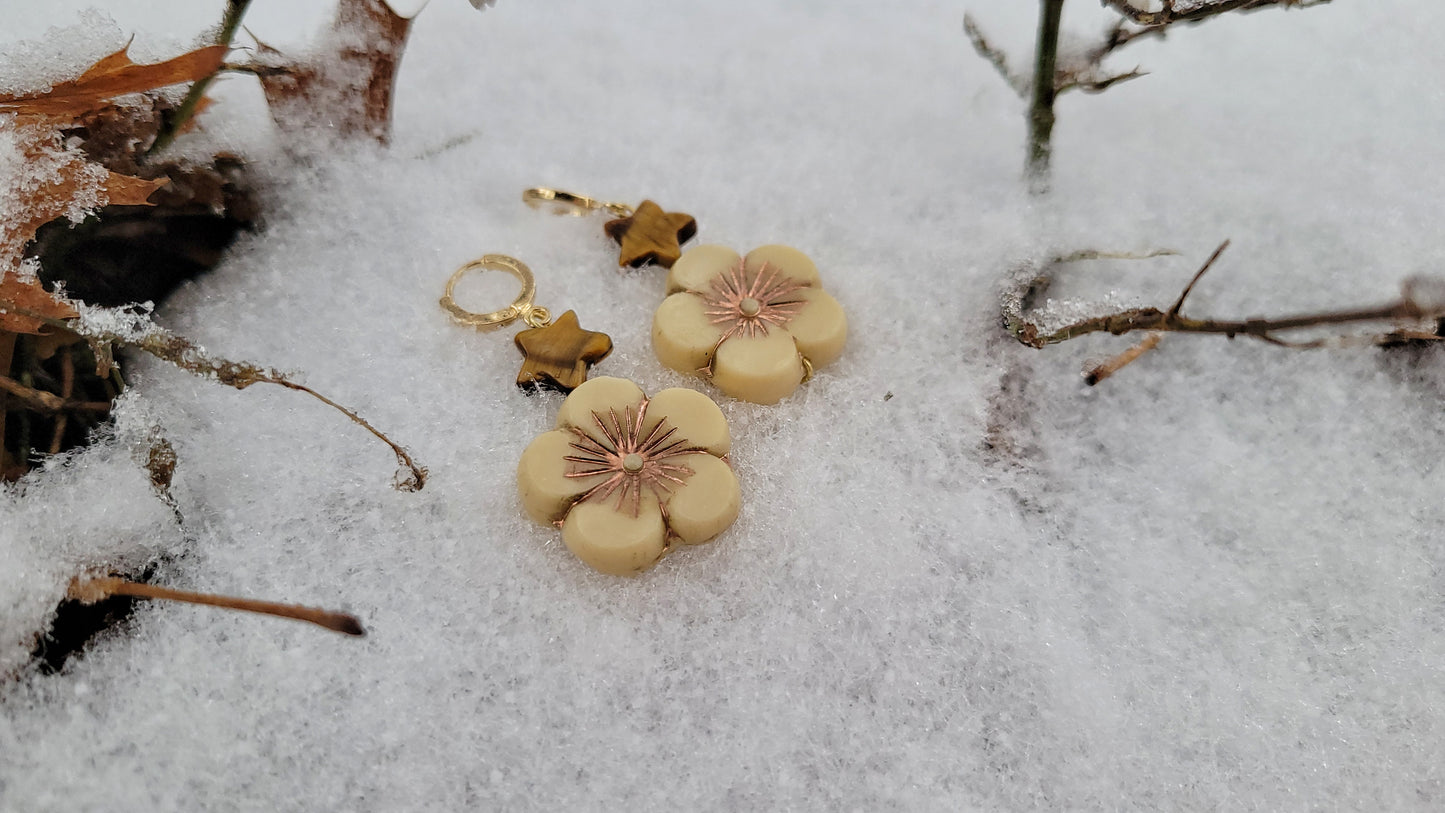 tiger's eye and beige Czech glass flower earrings