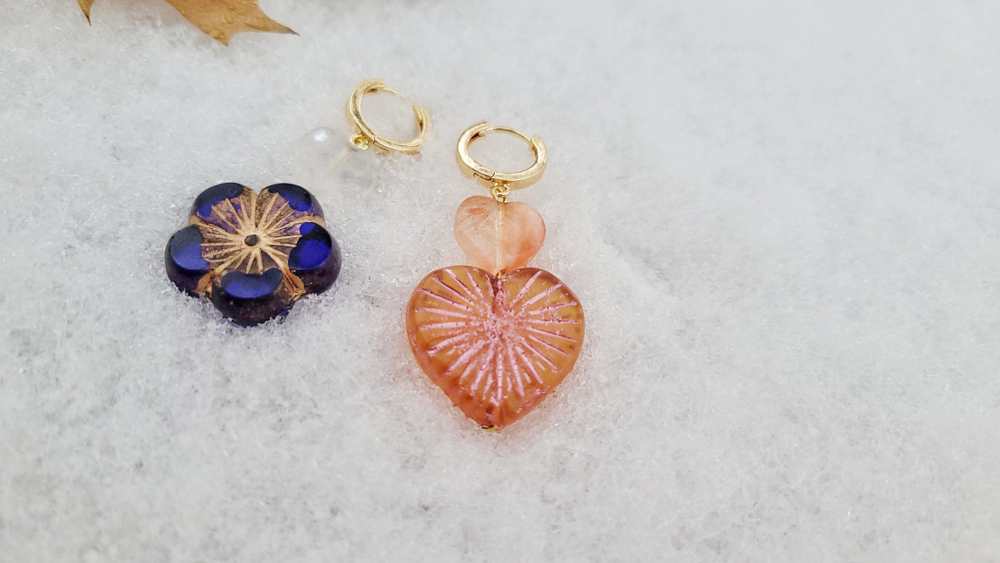 quartz and Czech glass mismatched flower and heart earrings