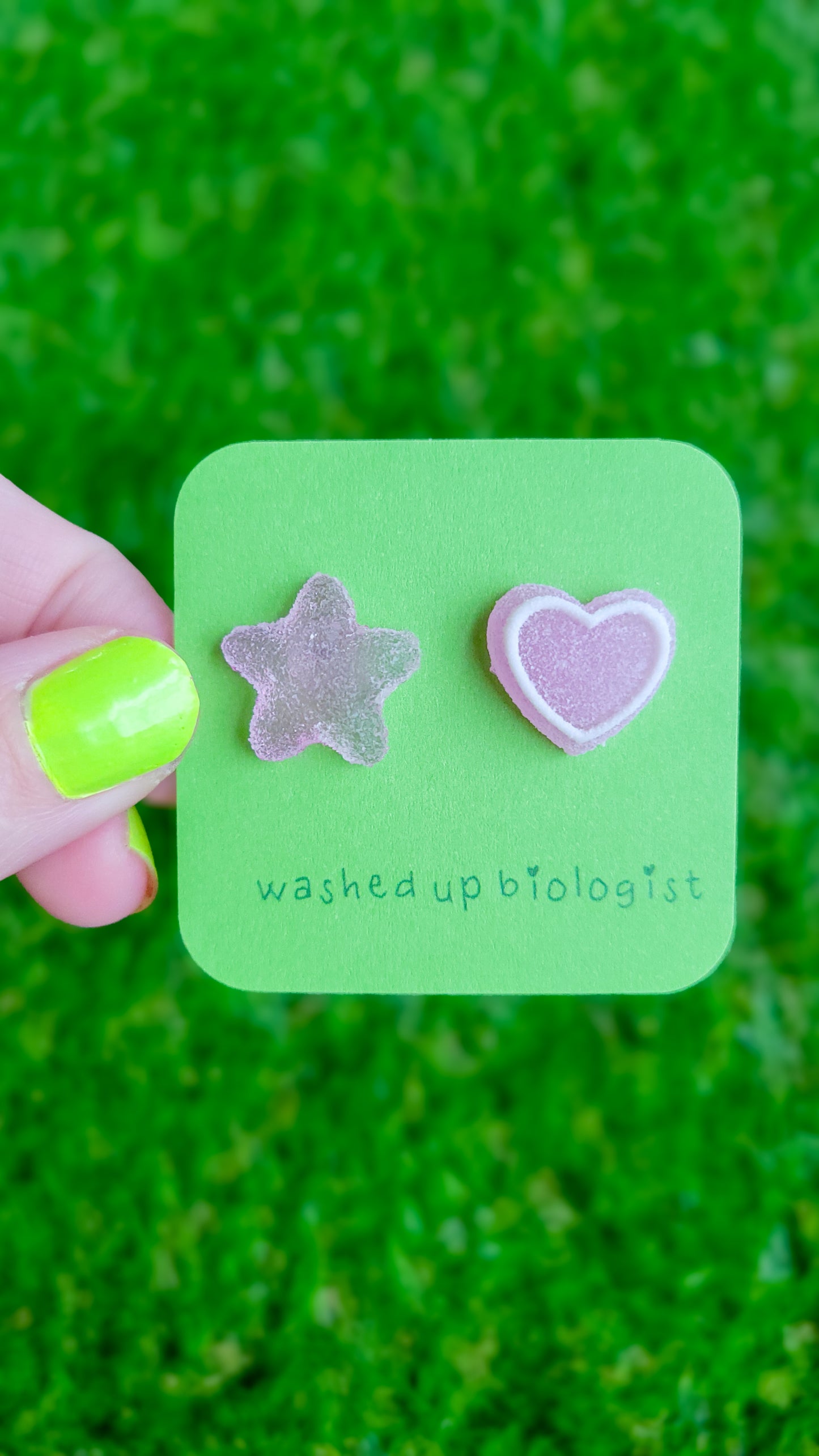 mismatched purple candy heart and star hypoallergenic stud earrings
