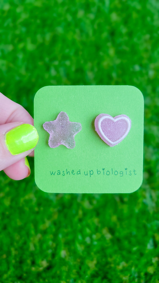 mismatched purple candy heart and star hypoallergenic stud earrings