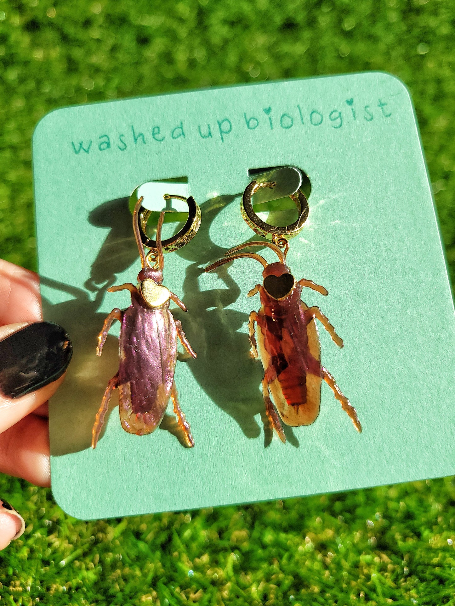 ✨ 🪳 exposure therapy 🪳✨ (iridescent purple cockroach earrings)